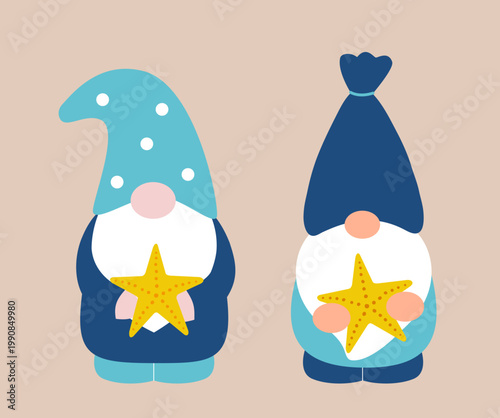 Summer Beach gnome with starfish.
Set of funny summer gnome vector illustration. 
