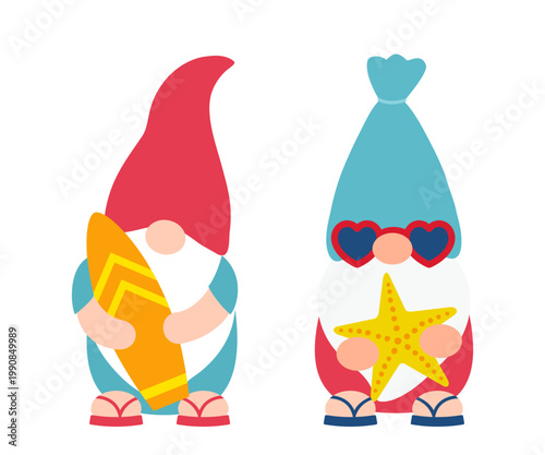 Summer Beach gnome holding surfboard and starfish.
Set of funny summer gnome vector illustration. 