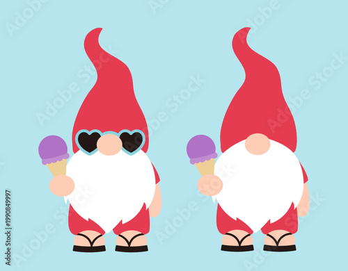 Summer Beach gnome holding ice cream.
Set of funny summer gnome vector illustration. 