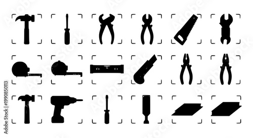 Collection of various hand tools and gardening implements in black and white icons