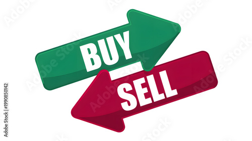 Green buy arrow and red sell arrow illustrate financial market decisions