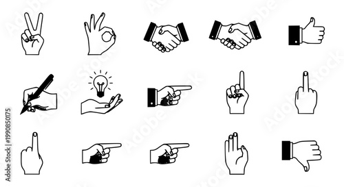 Collection of hand gesture icons depicting various signals and communication symbols