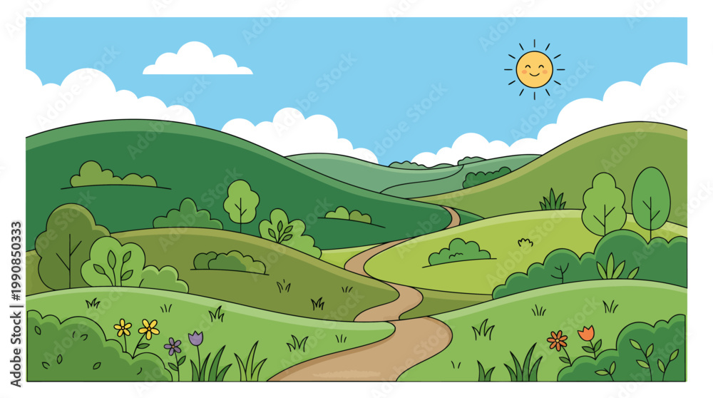 Naklejka premium A serene landscape of rolling hills and a winding road under a sunny sky with fluffy clouds.