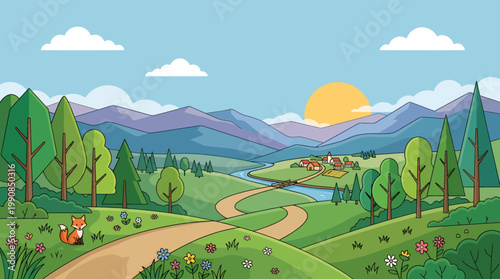 A serene landscape with a winding road through a green valley and mountains under a sunny sky with trees and flowers.