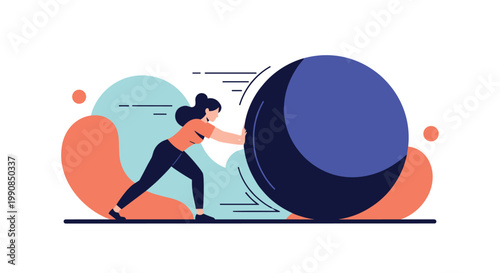 Motivated woman puts all her effort into pushing a massive heavy ball forward against colorful abstract background waves.