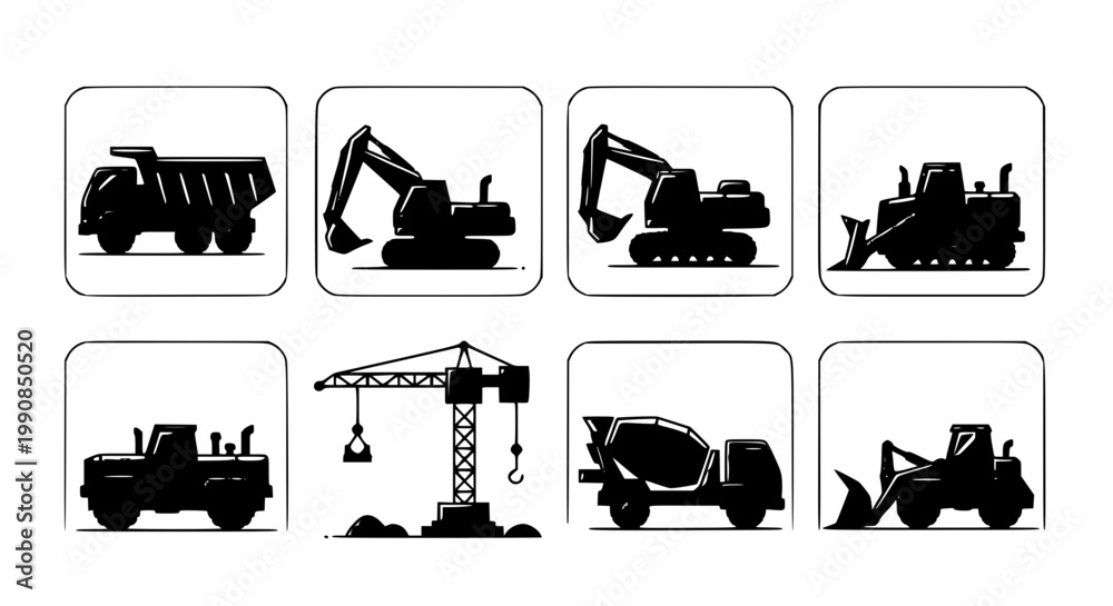 Obraz premium Collection of various types of construction machinery icons