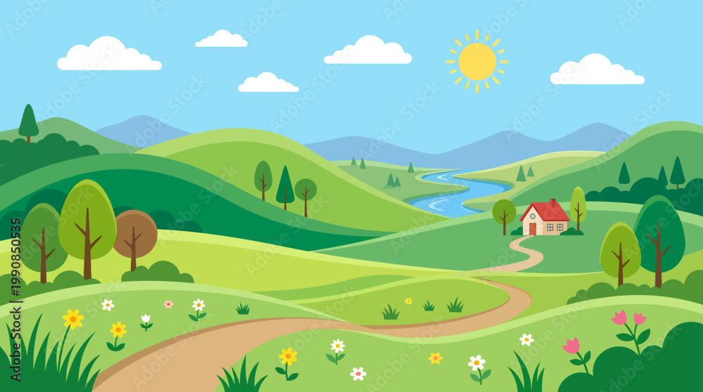 Fototapeta premium A serene landscape scene with a winding road through rolling hills and a house under a sunny sky with clouds.