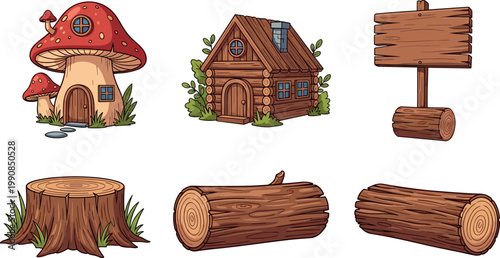 Cartoon Fantasy Forest Set with Mushroom House, Wooden Cabin, Log, Tree Stump, and Signboard for Fairy Tale and Game Design