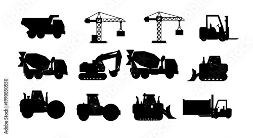 Collection of heavy construction and farm machinery icons in black silhouette style
