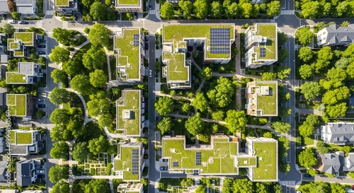 Aerial view of a modern residential area with green roofs and lush trees, showcasing sustainable urban living