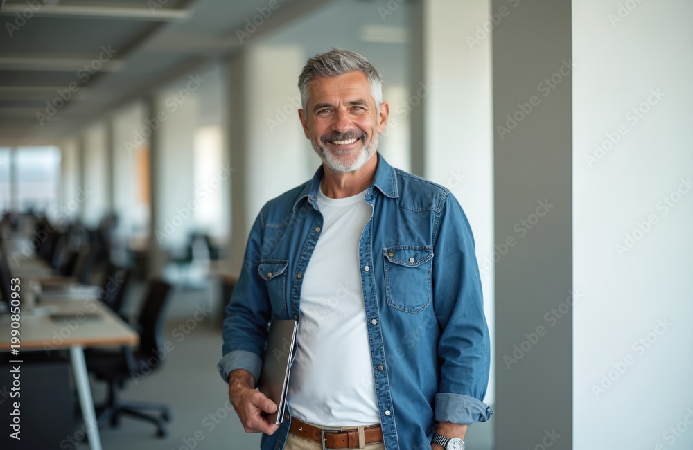 Fototapeta premium Mature bearded man in casual denim shirt smiles warmly while holding laptop. He stands in a modern office setting, looking confident and approachable. Background shows blurred desks and workstations.