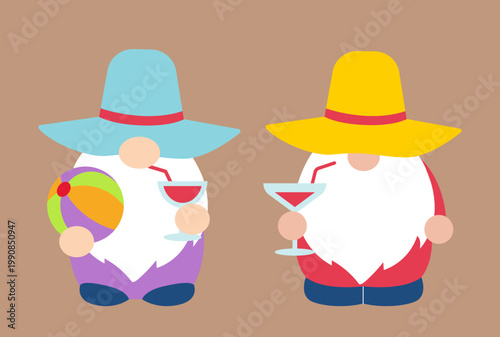 Set of funny summer gnome vector illustration.  
Summer Beach gnome holding cocktail and wearing straw hat.