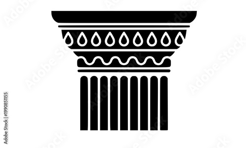 Black silhouette of a classic Greek Roman architectural column capital with decorative molding and fluted shaft, perfect for history, architecture, and antique themed logo and design projects