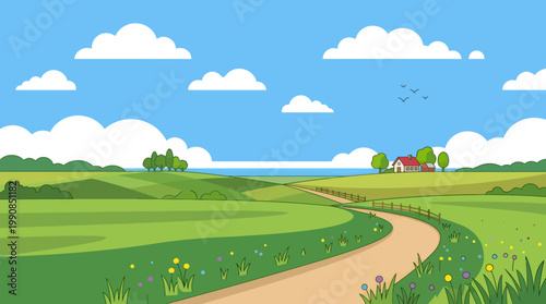 A serene landscape of a winding road through green fields and a blue sky with fluffy white clouds