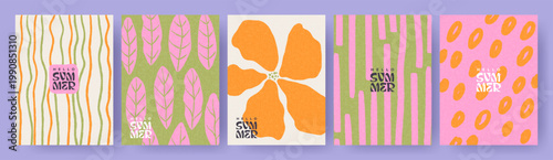 Summer bright and juicy templates collection for celebration, ads, branding, banner, card, cover, label, poster, sales. Modern abstract art design with wavy shapes and lines, dots, flower and leaves.