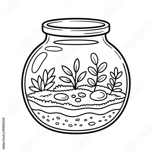 Black and white line of a terrarium with plants line black and white