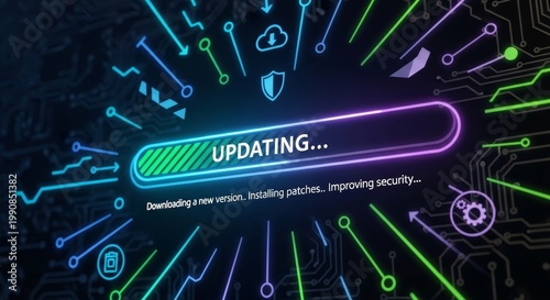 Downloading a new version, installing patches, improving security and updating software with progress bar and icons