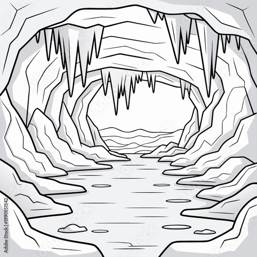 Cave entrance with stalactites and underground river