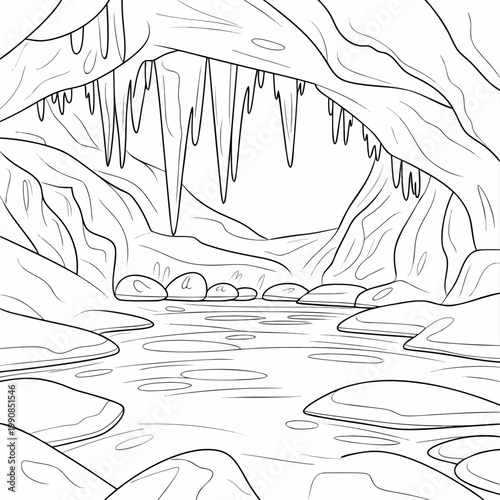 Cave interior with stalactites and water rocks