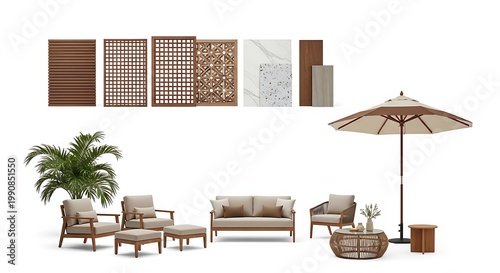 Outdoor patio furniture set with decorative screens and materials