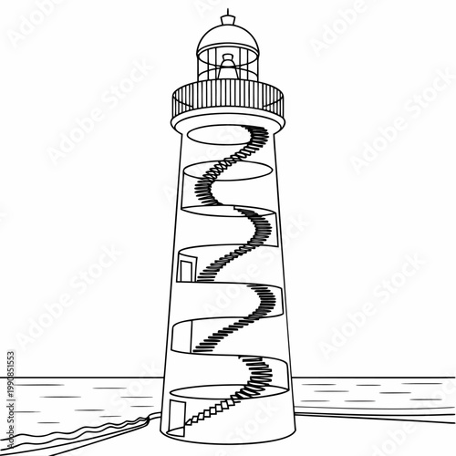 Cross section of a lighthouse with spiral staircase and water