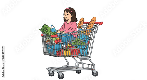 Smiling young girl sitting inside a metal shopping cart overflowing with fresh vegetables bread and other grocery items.