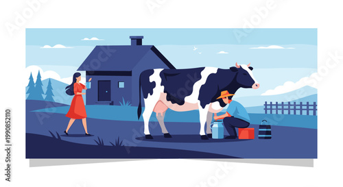 Traditional farm scene with a man milking a cow by hand in a bucket while a woman walks nearby with a farmhouse in background.