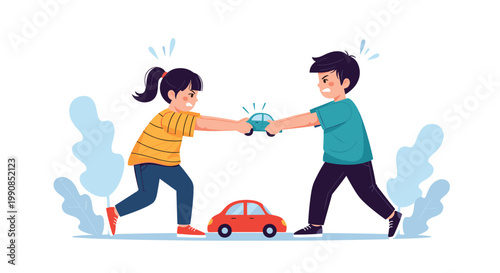 Angry young boy and girl aggressively pulling on a blue toy car while another red toy car sits on the ground between them.