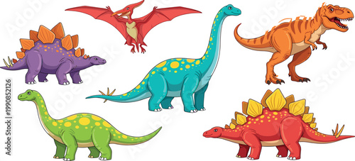 Colorful Cartoon Dinosaur Character Set with T-Rex, Stegosaurus, Brachiosaurus, and Pterodactyl for Kids, Education, and Game Design