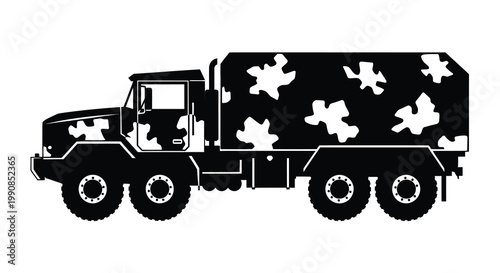 Black silhouette of a military truck with camouflage pattern
