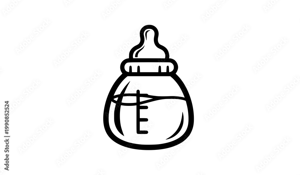 Fototapeta premium Stylized baby bottle icon black and white feeding bottle with scale markings and nipple