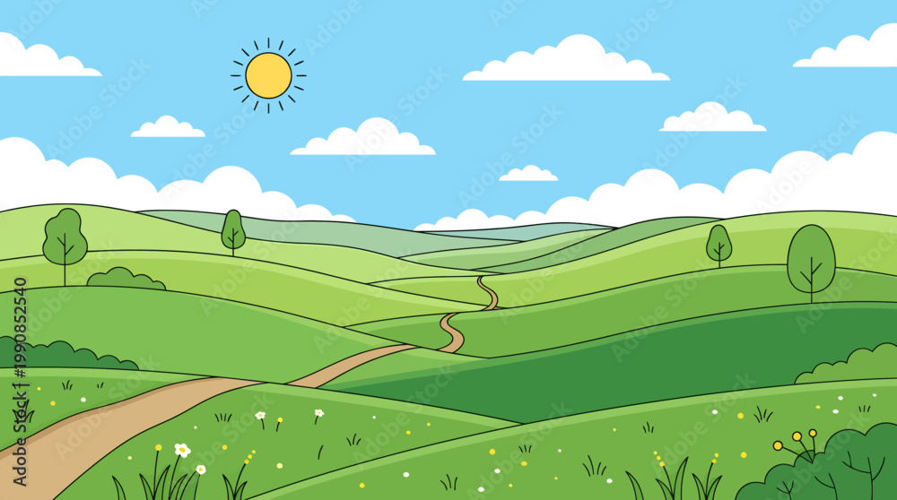 Fototapeta premium A serene landscape of rolling green hills under a sunny blue sky with white clouds and a dirt road.