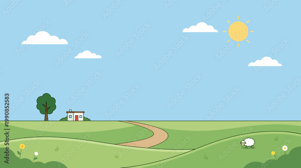 Fototapeta premium Sheep graze peacefully on rolling green hills near a house under a sunny sky with clouds.