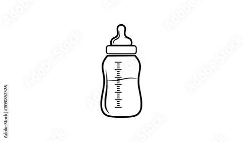 Minimal baby feeding bottle icon black and white with measurement markings and soft nipple