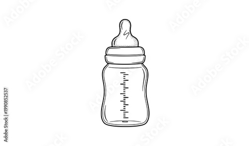 Baby feeding bottle side view icon black and white with measurement lines and nipple