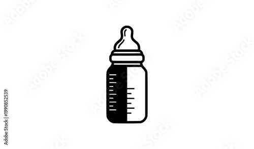 Modern baby bottle icon black and white flat vector with measurement scale and nipple