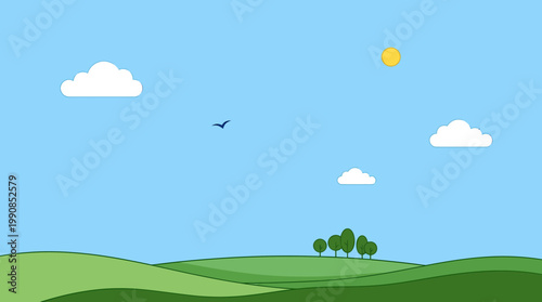 A sunny day with rolling green hills and trees under a blue sky with clouds and a flying bird