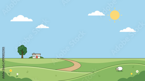 Sheep graze peacefully on rolling green hills near a house under a sunny sky with clouds.
