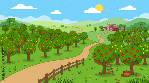 A serene landscape of trees and a winding road leads to a farm in a countryside setting with lush greenery.