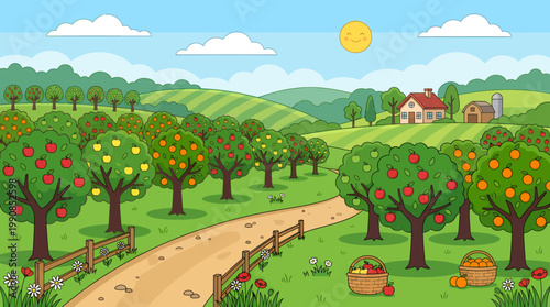 A serene countryside scene with trees bearing fruit along a winding road to a house.
