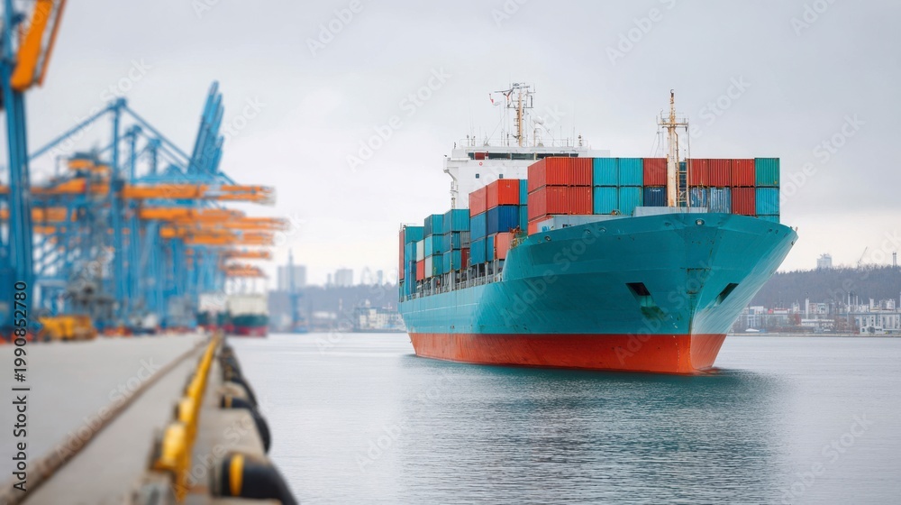 Fototapeta premium A Container Ship Navigating through Calm Waters at a Busy Port with Loading Cranes in the Background, Showcasing Maritime Logistics and Trade
