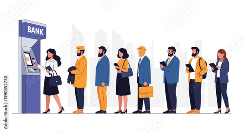 Group of diverse people standing in a long queue to use an automated teller machine at a bank in a city setting with buildings.