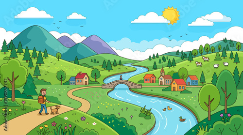 A person walks along a winding path through a vibrant countryside landscape with a river flowing through a small village.