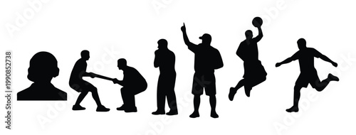 Athletic sports silhouettes collection, basketball player and soccer athlete vector set, referee and coach figures, tug of war competition icons