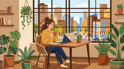 Young woman working remotely on laptop in cozy urban apartment or cafe. She smiles while drinking coffee, enjoying a peaceful and productive freelance lifestyle.