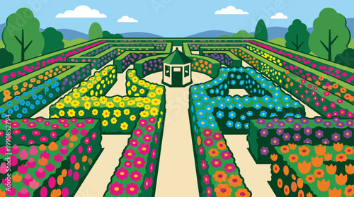 A vibrant vector illustration of a beautiful floral maze garden with a central gazebo. Colorful flowers bloom in a symmetrical landscape, perfect for nature themes.