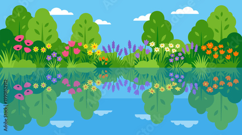 Vibrant vector landscape of a riverbank with colorful flowers and trees reflected in calm water. A beautiful, idyllic nature scene for spring or summer themes.