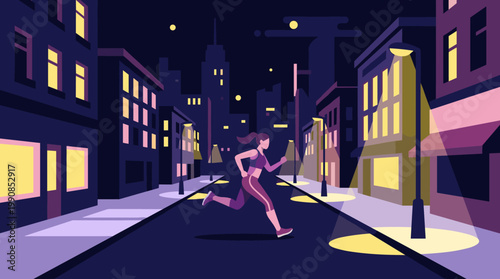 A vector illustration of a fit woman running on a city street at night. Concept for fitness, health, urban lifestyle, motivation, and determination.
