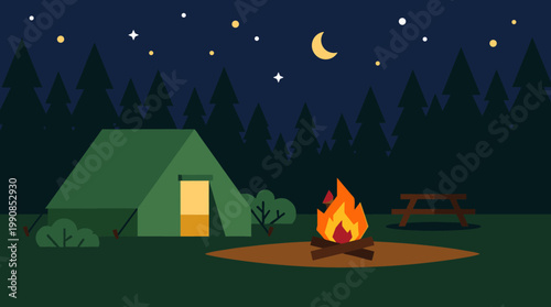 Vector illustration of a peaceful night camping scene. A glowing tent and a warm bonfire sit in a forest clearing under a starry sky with a moon.