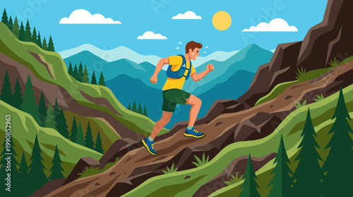 Vector illustration of a determined man trail running uphill. Concept for fitness, endurance, adventure, and healthy active lifestyle in nature.